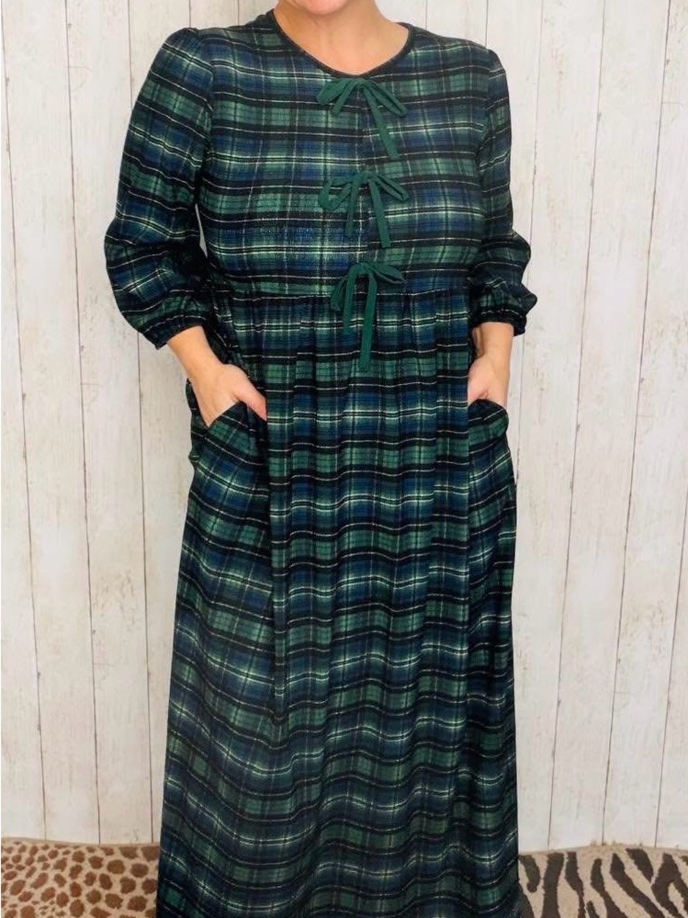 New No Tag Plaid Green MIDI Dress with Bow-Tie Detail